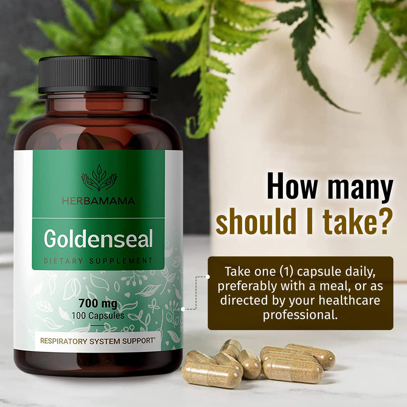 [Australia] - HERBAMAMA Goldenseal Root Capsule Supplement - Organic Goldenseal Herb Powder Pills - Respiratory & Digestive Health Support - 100 Capsules 