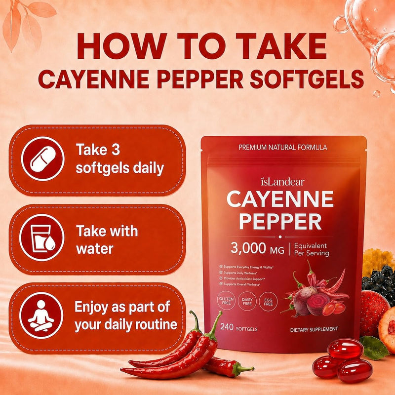 Cayenne Pepper Capsules, Supports Healthy Circulation and Daily Energy | Cayenne Pepper Softgels Supplement with Beetroot, Hawthorn, Turmeric & Vitamins D3 K2 E, 240 Softgels