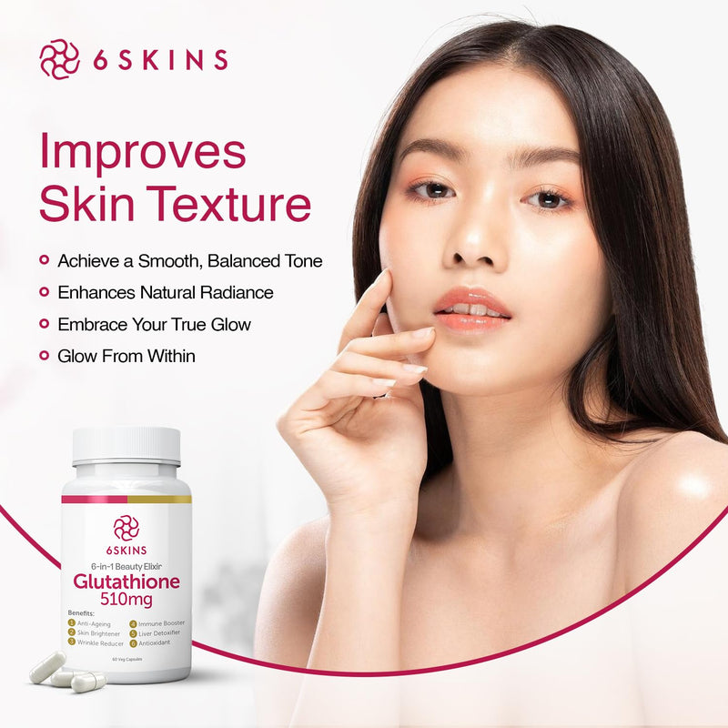 6in1 Beauty Elixir with L-Glutathione 510mg, NAC 102mg, Hyaluronic Acid 150mg Glutathione Supplement with 4X Absorption - Immune and Liver Support, Powerful Antioxidant for Skin - 60 Capsules
