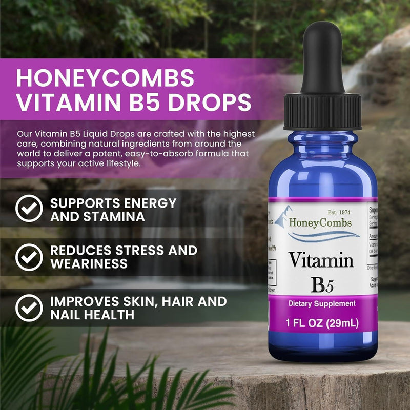 HoneyCombs Vitamin B5 Liquid Drops Pantothenic Acid, 1oz | Liquid Vitamin B5 (Pantothenic Acid) supports healthy energy metabolism with a fast-absorbing liquid formula 1 Fl Oz (Pack of 1)