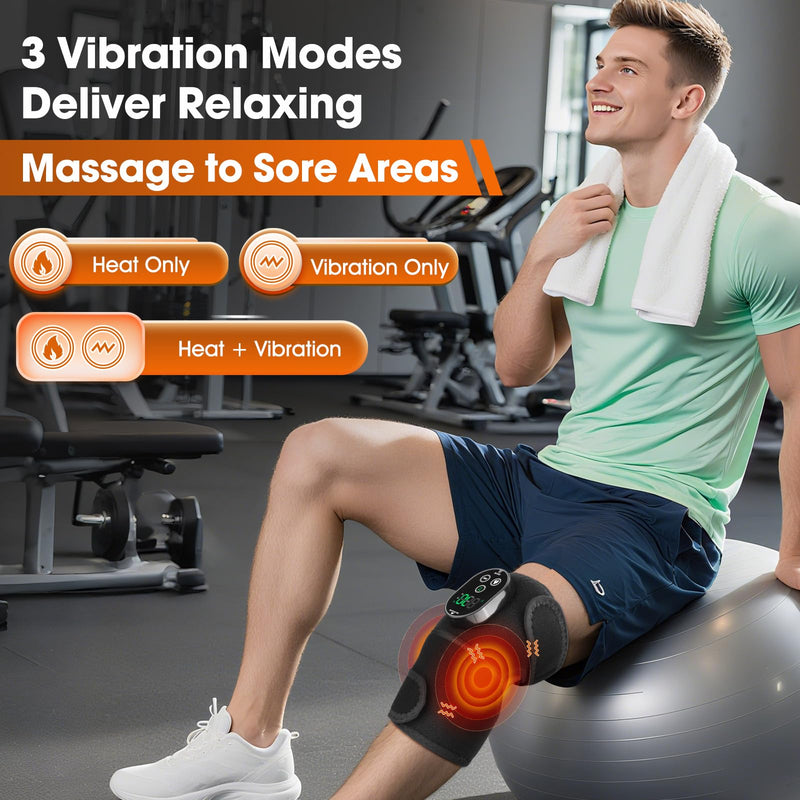 Heated Knee Massager, Cordless Knee Heating Pad with Massage, Knee Massager for Pain Relief, Adjustable Wrap for Knee, Shoulder, Elbow, 6 Heating Levels & 3 Massage Modes, Black 1pc Black