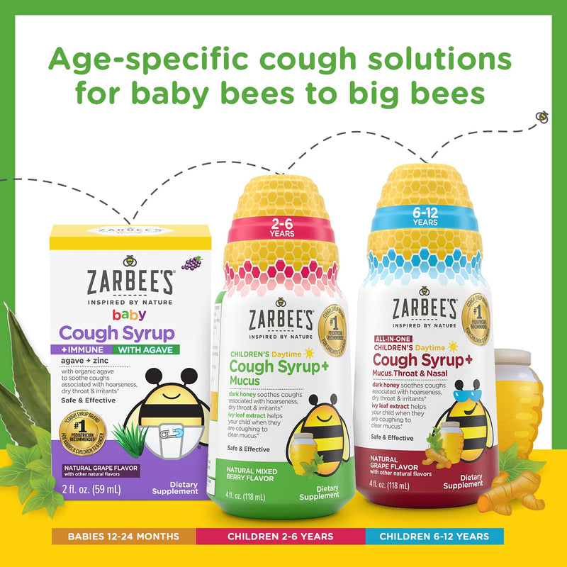 Zarbee's Kids Cough + Mucus Day/Night Value Pack for Children 2-6 with Dark Honey, Ivy Leaf, Zinc & Elderberry, 1 Pediatrician Recommended, Drug & Alcohol-Free, Mixed Berry Flavor, 2x4FL Oz Day & Night Combo Pack - Mixed Berry