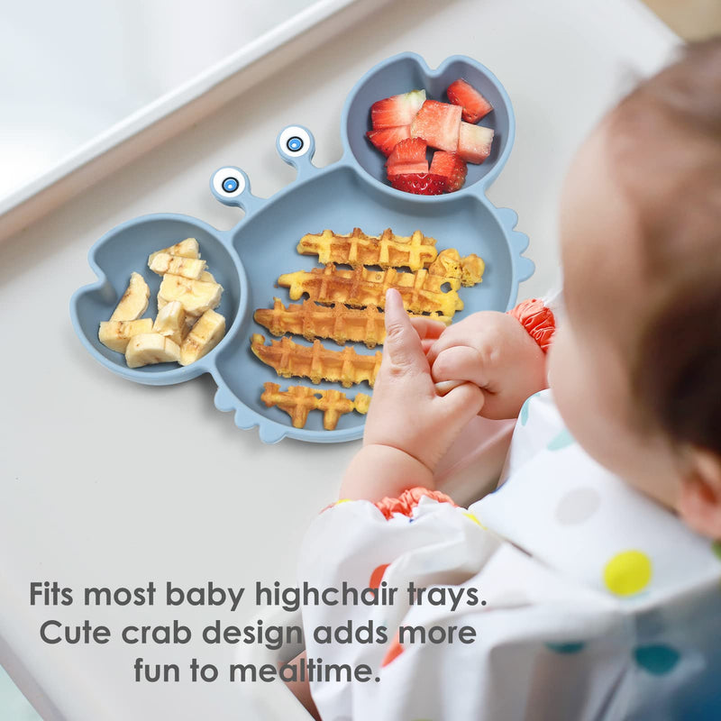 [Australia] - ROCCED Suction Plates for Baby, Silicone Plates with Suction Divided, Baby Spoon Fork Set for Toddler Baby Dishes Kids Plates and Utensils-Crab Dusty Blue 