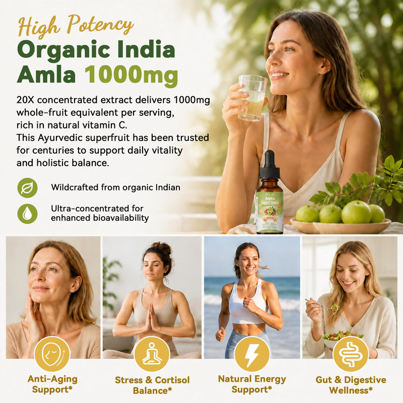 Organic Amla Liquid Drops, Indian Gooseberry Amla Superfruit Extract 1000mg | Advanced 5-in-1 Amla Herbal w. Ashwagandh Turmeric Tulsi for Antioxidant Energy & Digestive Hair Ayurvedic Daily Wellness