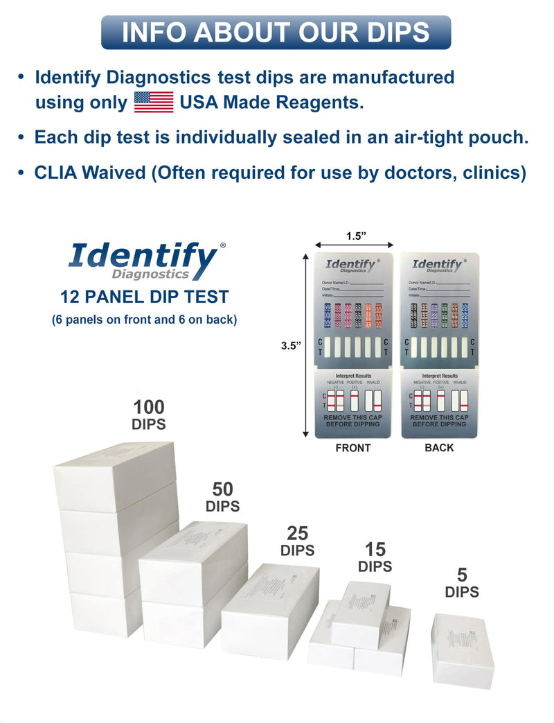 Identify Diagnostics Drug Test Cards | 5 Pack | 12 Panel CLIA Waived Instant Urine Marijuana Drug Test Dip Kit for AMP,BAR,BUP,BZO,COC,MDMA,MET,MOP|OPI,MTD,OXY,PCP,THC