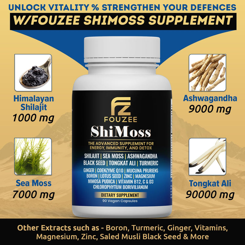 ShiMoss Supplement w/Shilajit 1000mg, Sea Moss 7000mg, Ashwagandha 9000mg, Tongkat Ali 90000 mg, Vitamin C, B12, Boron, Turmeric, Ginger - Immunity Dietary Capsule for Men & Women - 90 Count