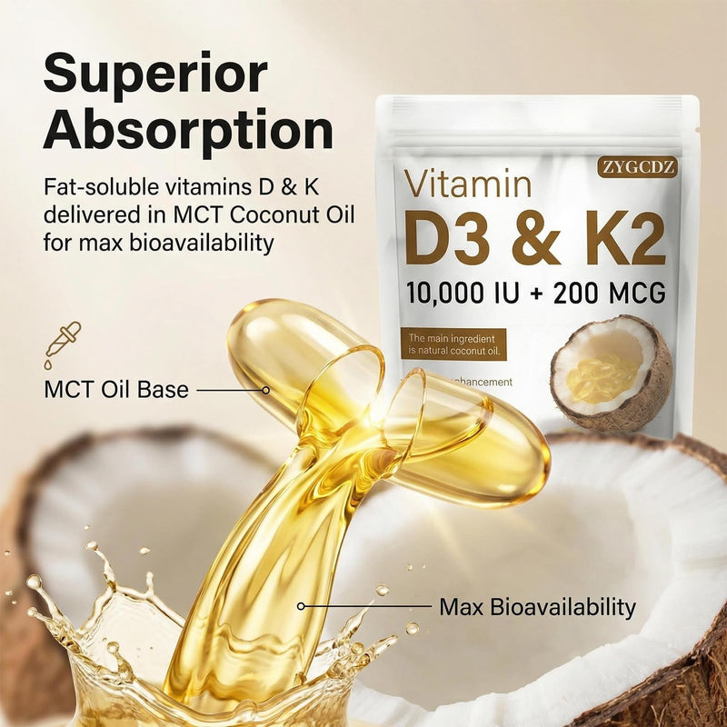 Vitamin D3 10000 IU with K2 MK-7 200 mcg Softgels, 180 Count | Supports Bone, Heart & Immune Health | Enhanced Absorption with Organic Coconut Oil, Non-GMO, Easy to Swallow Supplement (01) 1