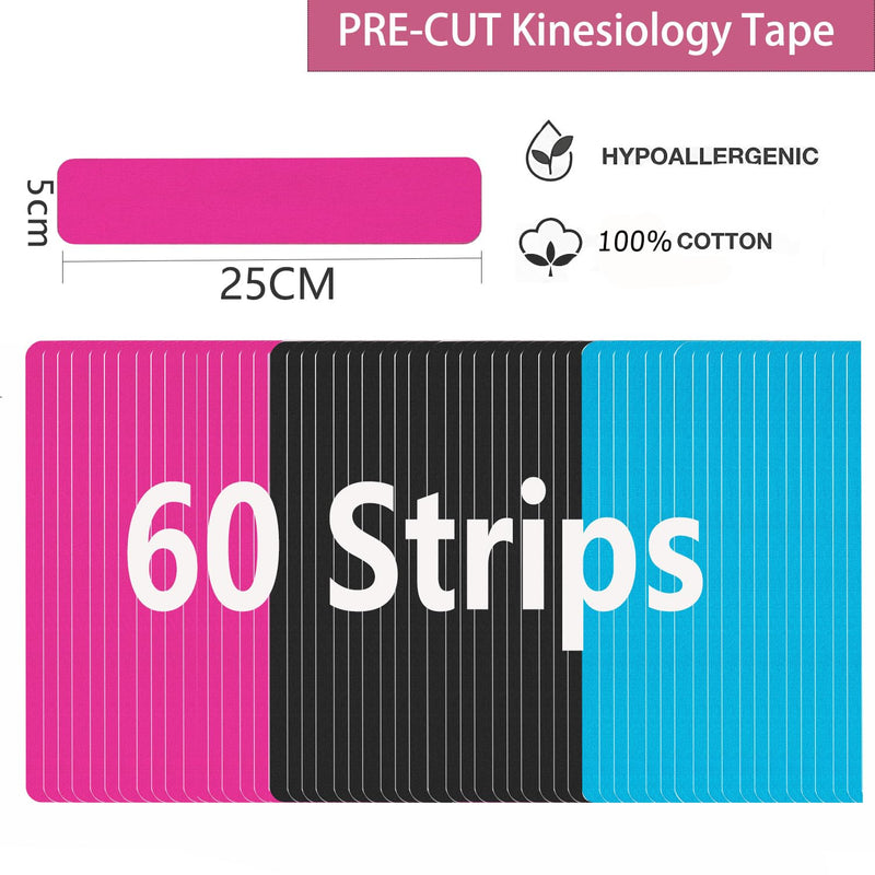 [Australia] - Kinesiology Tape Pro Sports (60 Precut Strips) Waterproof Breathable Athletic Elastic Muscles & Joints Pain Relief Knee Taping for Gym Fitness Running Tennis Swimming Football (Mix) 60 Strips Mix 