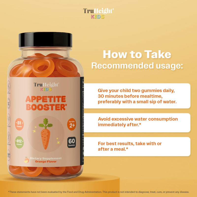 TruHeight Kids Appetite Booster Gummies (Orange, Ages 2+) All Natural Toddler & Kids Appetite Stimulant to Eat More - Weight Gain Supplements - Vitamins for Underweight Children - Picky Eater Vitamin 60 Count (Pack of 1)