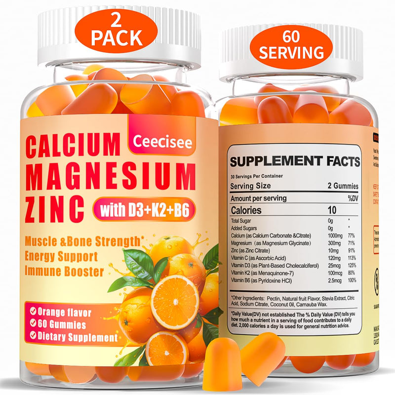 [Australia] - Calcium Magnesium Zinc Gummies with D3 &B6 &K2,1000mg Calcium Gummies with 300mg Magnesium Support Immune Energy for Adults and Teens,Sugar Free(120Count) Orange 60 Count (Pack of 2) 