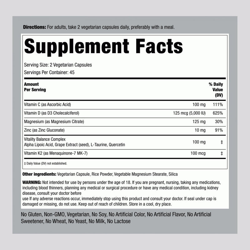 Piping Rock Vitamin D3 K2 | 5000 IU D3 | 90 Capsules | Advanced Formula | With 100 mcg MK7, Magnesium, and Zinc | Vegetarian, Non-GMO, Gluten Free Supplement