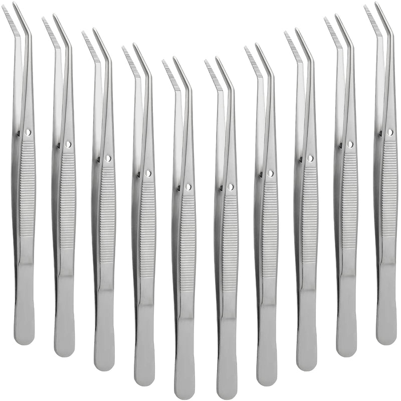 Honoson 10 Pcs Stainless Steel Tweezers for Crafting with Curved Serrated Tip Multipurpose Forceps Sewing Machine Tweezers Bulk (Silver) Silver
