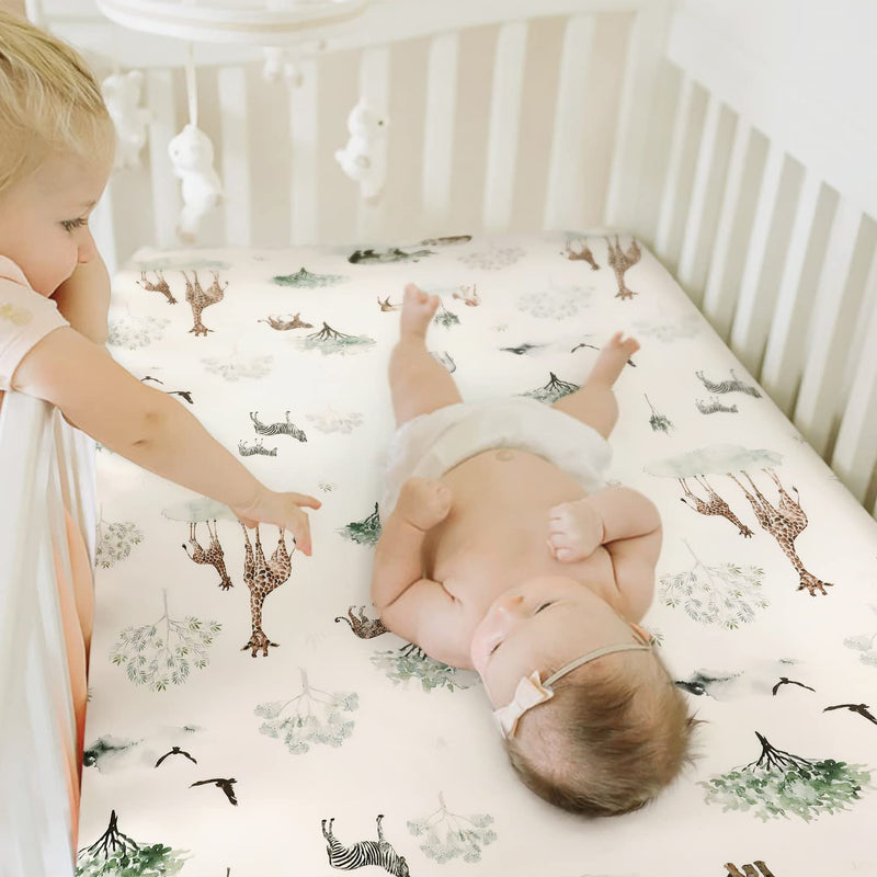 [Australia] - Stretch Ultra Soft Jersey Knit Fitted Crib Sheets Set 2 Pack，Fit All Standard Crib Mattress Pads Safe and Snug, Crib Fitted Sheet for Baby, Stylish African Savannah Animals Pattern Savannah Animal 