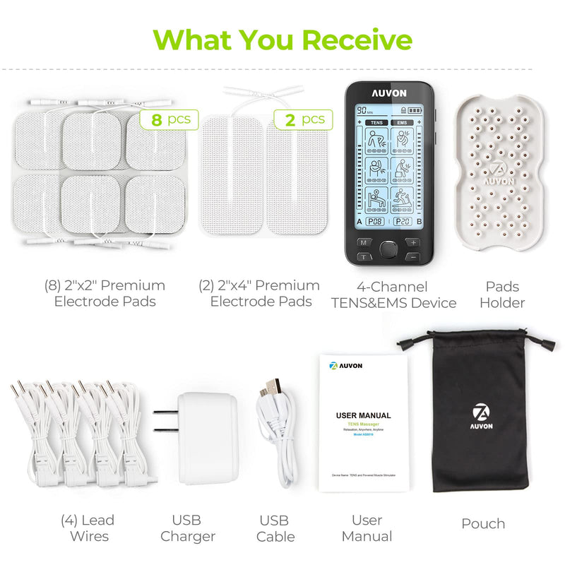 AUVON 4 Outputs TENS Unit Muscle Stimulator for Pain Relief, Large LCD | 24 Modes TENS Machine, Drug-Free Pain Relief Therapy for Shoulders, Lower Back & Muscles, 10 Pcs 2" and 2"x4" TENS Pads