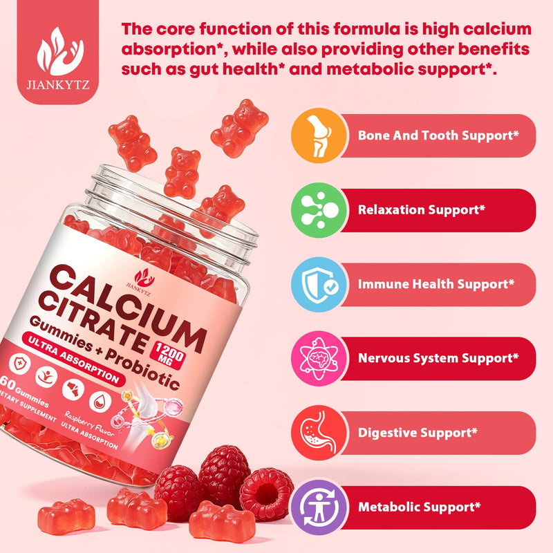 Sugar Free Calcium Citrate 1200 mg + Probiotic Gummies with Vitamin D3, K2, Magnesium – Calcium Gummies for Bone Support*, High Absorption, Women & Men, Vegan, 60 Count