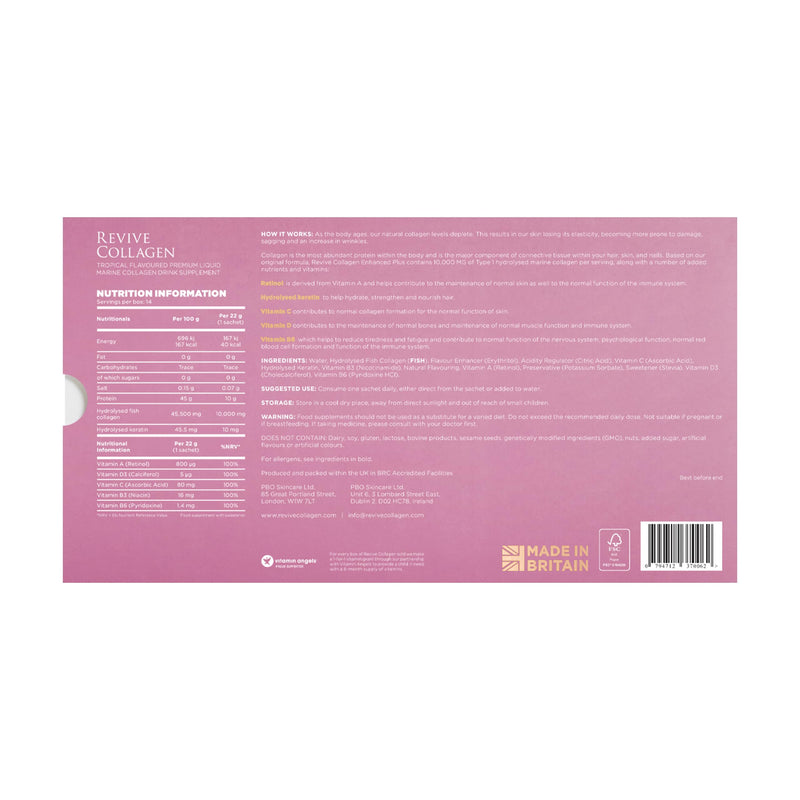 Revive Collagen Enhanced Plus 10,000mg Hydrolysed Marine Collagen Drink with Added Vitamin A & C for Healthy Skin, Hair, Nails & Joints | Tropical | 14 x Sachets