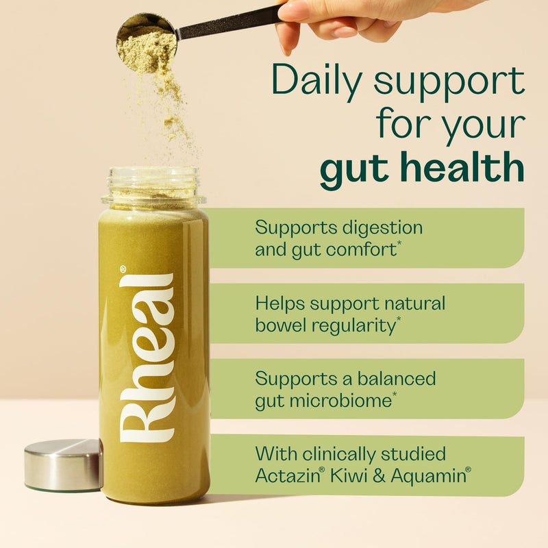 Rheal Gut Feel 150g – Gut Health Superfood Blend with Actazin® Kiwi, Aquamin® Calcium & Ginger – Supports Digestion, Bloating & Bowel Regularity – Gluten-Free. 30 Servings