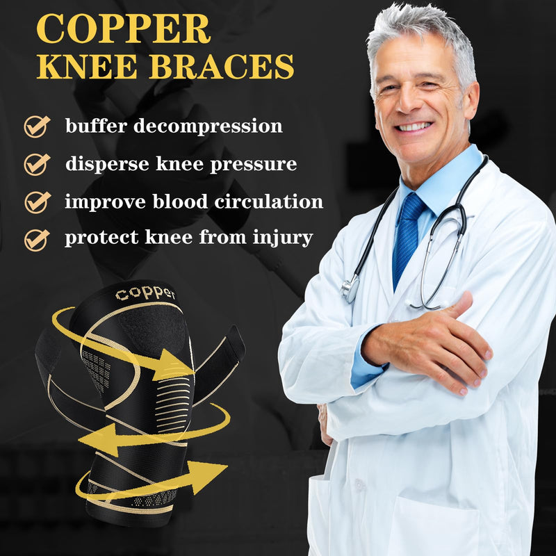 [Australia] - Copper Knee Braces with Strap for Knee Pain Women and Men(2 Pack), Knee Compression Sleeve for Arthritis, ACL, Meniscus Tear, Joint Pain Relief, Knee Support for Working, Running, Weightlifting Black+Copper Medium 