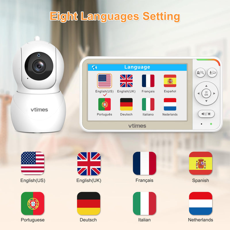 [Australia] - 5'' Video Baby Monitor No WiFi with 32-Hour Battery, 2-Way Talk Baby Camera Monitor VOX Pan-Tilt-Zoom Night Vision Temperature Display Alarm 8 Lullabies and 1000ft 