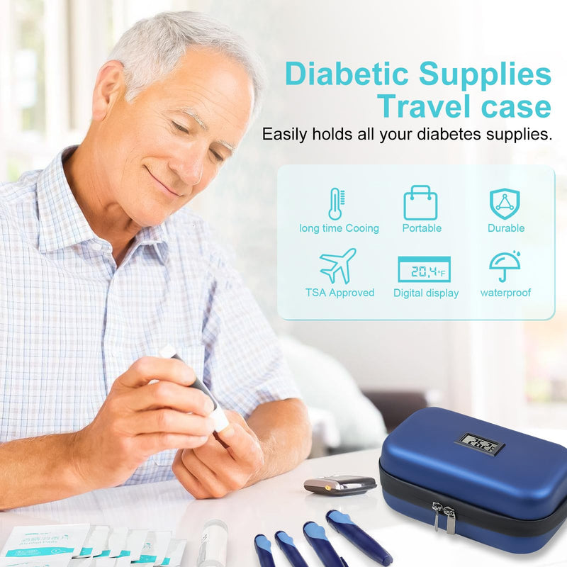[Australia] - 24h Insulin Cooler Travel Case TSA Approved Medication Diabetic Cooler For Travel With Thermometer Temperature Display Refrigerated Medicine Organizer Bag With 2 Ice Pack Blue 