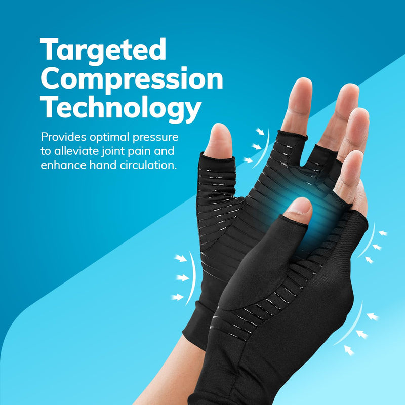 BraceAbility Carpal Tunnel Compression Gloves - Fingerless Copper Arthritis Gloves for Men and Women - Hand Pain Relief, Rheumatoid Arthritis, Circulation, Swelling, Tendonitis Support (M - Pair) Medium