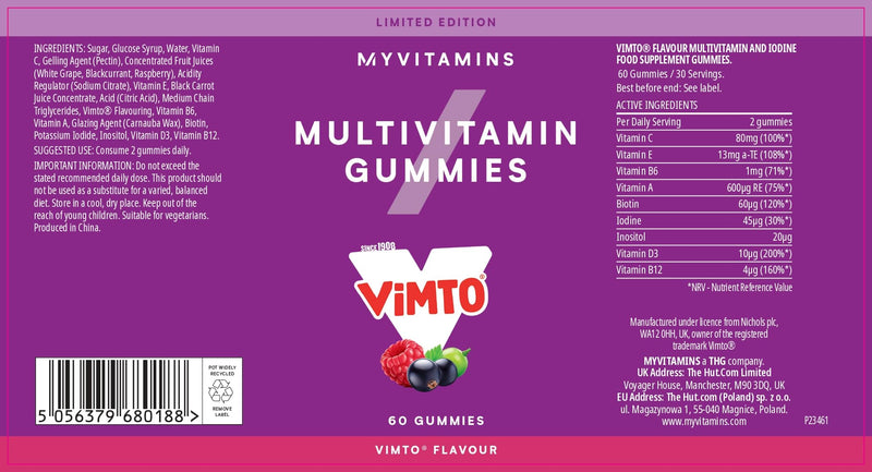Myprotein Vimto Flavored Multivitamin Gummies - 60 Count, Daily Supplement, Essential Nutrients, Immune Support, and Energy Boost, Vitamin C, D, B6 and Natural Juice Concentration Grapes, Raspberries, Blackcurrents 60 count (Pack of 1)