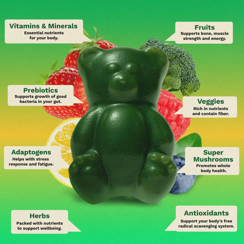 Adult Greens Gummies & Daily Multivitamin, Prebiotic Fiber, 10 ct | Daily Supplement for Men and Women with Vitamins, Minerals, Adaptogens, and Fiber 10 Count (Pack of 1)
