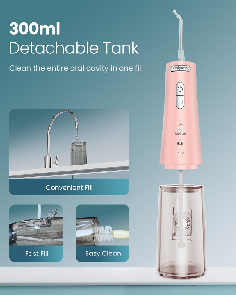 Onlyone Water Dental Flosser Pick for Teeth, 300ML Portable Oral Irrigator, Rechargeable Travel Irrigation Cleaner, Professional Electric Flossing Machine Birthday Gifts for Women,Mom,Girlfriend Pink