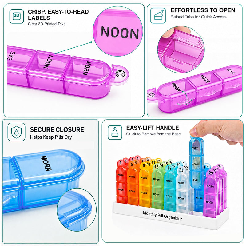 Cruxer Monthly 3 Times a Day Pill Organizer, Portable 31 Day Medicine Box | One Month Pill Case 32 Compartments 3 Times Pill Container, Travel Tablet Organizer to Hold Vitamins, Fish Oil, Supplements 1 Month-3 Times