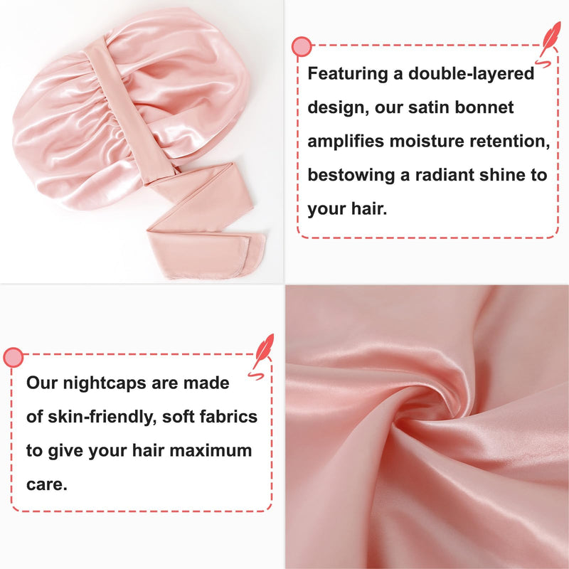 [Australia] - Large Silk Bonnet for Sleeping, Satin Hair Bonnet for Sleeping with Tie Band, Double Layer Satin Bonnets for Women Natural Curly Hair Shower cap Sakura Pink 