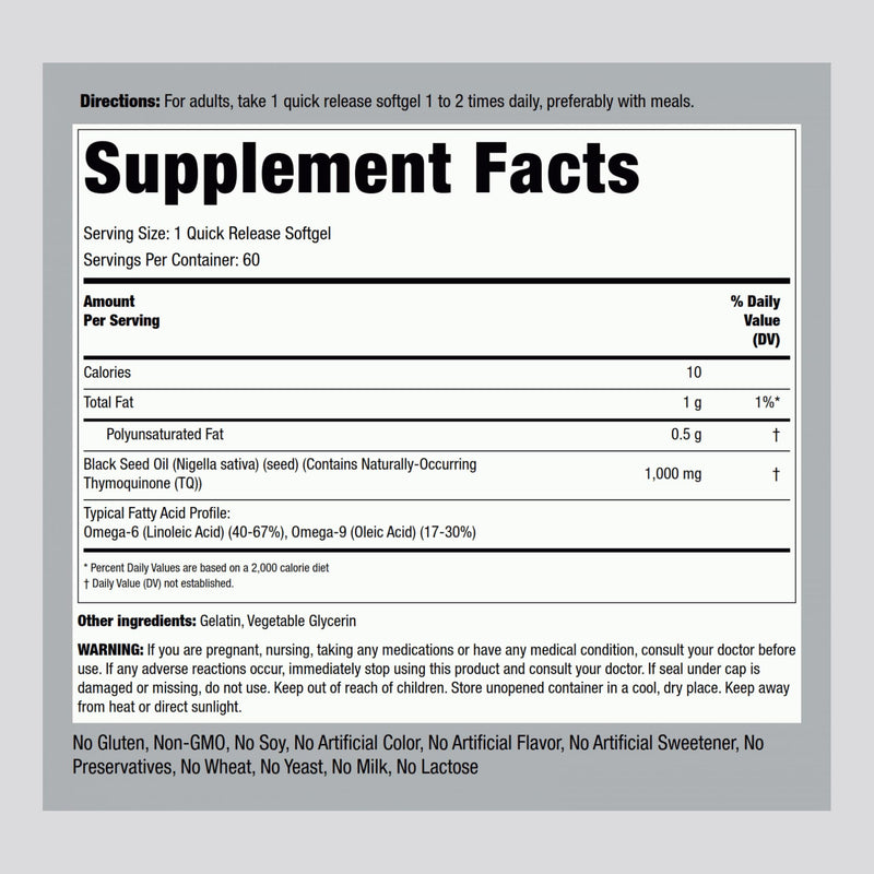 [Australia] - Piping Rock Black Seed Oil Pills | 1000mg | 60 Softgels | Cold Pressed Solvent Free | Non GMO, Gluten Free Supplement 