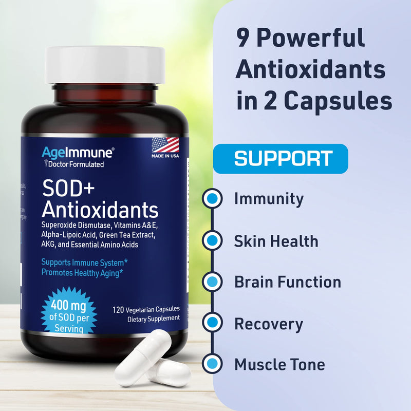 [Australia] - SOD Antioxidants Complex Healthy Aging Supplement - 400mg of Superoxide Dismutase - Alpha Lipoic Acid - Green Tea Extract - L-Arginine - Lysine - AKG - Vitamins A and E for Immune Support-120 Capsules 120 Count (Pack of 1) 