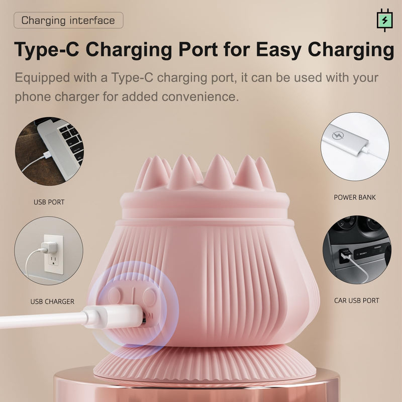 Portable Mini Electric Head Scalp Massager Stress Relax, 3 Vibration & 2 Heating, Handheld Massager Set with Suction Cup for Neck, Back, Face, Legs and Hands (Pink) Pink