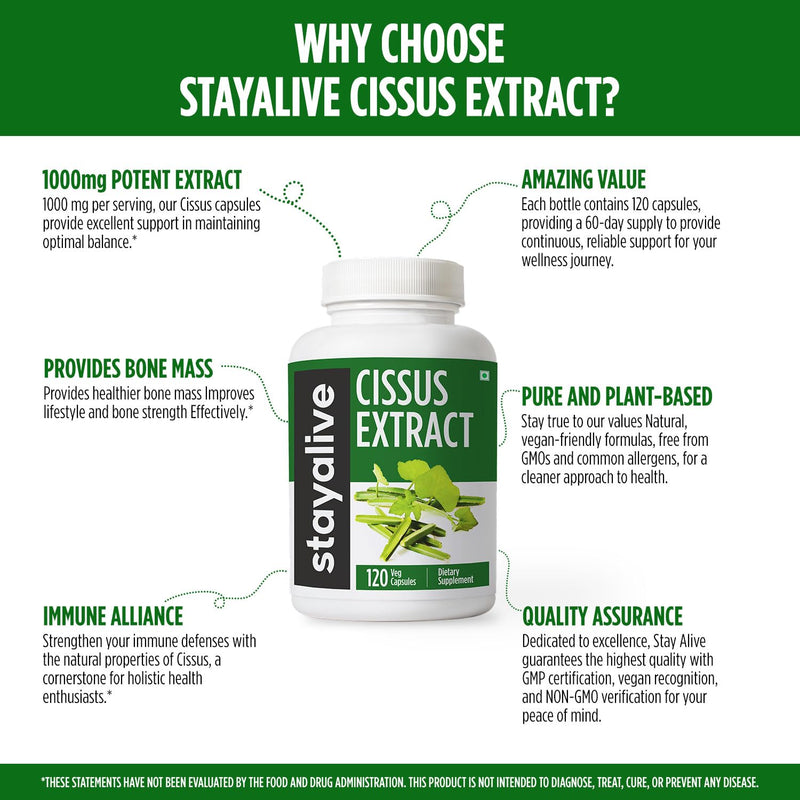 [Australia] - STAY ALIVE Cissus Quadrangularis Supplement 1000mg, 120 Pills, Pure Extract Powder with 40% Ketosterones, Non-GMO and Gluten-Free Cissus Extract Capsules for Men and Women 