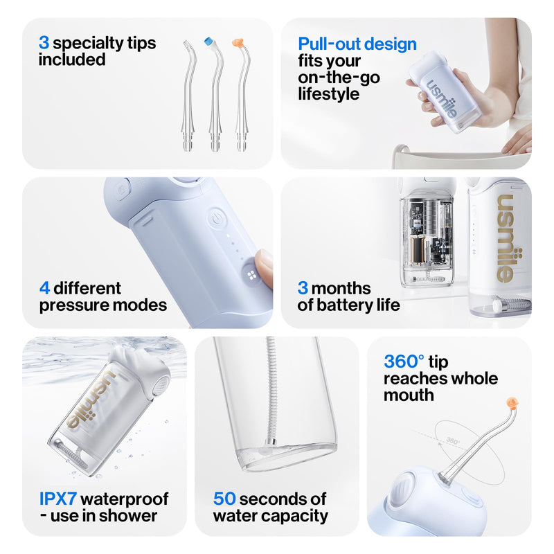 [Australia] - usmile C10 Portable Water Flosser ‚Äì Travel-Friendly, 95-Day Battery, 4 Modes, 360¬∞ Nozzle, 180ml Tank, IPX7 Waterproof, Dentist-Recommended for Braces, Implants & Sensitive Gums (Blue) Blue 