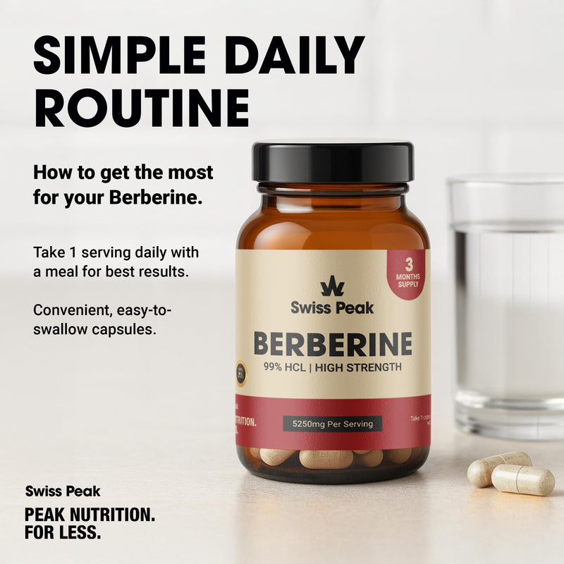 Swiss Peak Berberine 5250mg Per Serving, High Strength 99% HCL, Enhanced with Ceylon Cinnamon & Black Pepper Extract, 90 Vegan Capsules, 3 Month Supply, UK Made, Non-GMO, Gluten Free