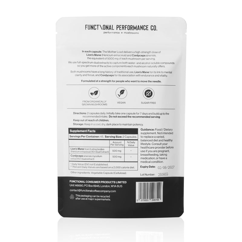 Lion's Mane and Cordyceps Mushroom Complex, 10,000mg Equivalent, Dual Extract, 90 Capsules for 45 Day Program.