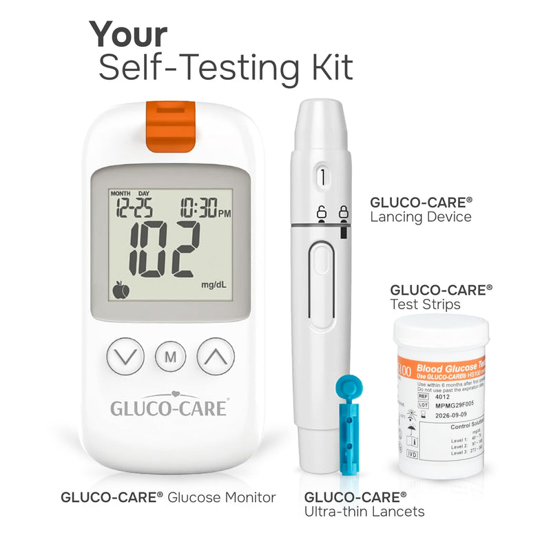 [Australia] - Gluco-Care Glucose Monitor Kit - Sleek White Design, Clear Display, Auto Calibration, Glucometer Kit with Strips and Lancets, 5 Sec Results, 500 Memory, Travel Case, 1 Lancing Device, Convenient Blood Surgar Testing for Diabetes 