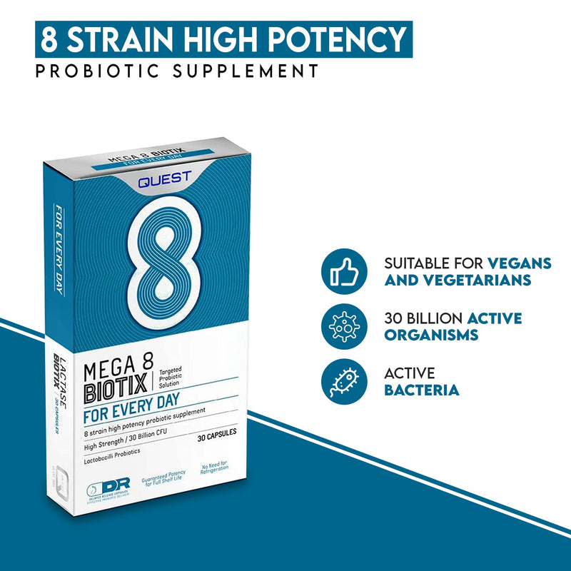 Quest Mega 8 Biotix Probiotic Capsules 30 Billion CFU for Immune & Digestive Support. Helps Restore Gut Friendly Bacteria & Regulate Immune Responses. (30 Capsules x 1 Pack) 1 count (Pack of 1)