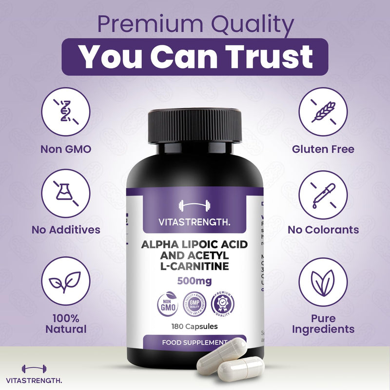 Alpha Lipoic Acid 200mg & Acetyl L-Carnitine 300mg | 500mg High Strength Total Per Serving | 180 Capsules (90 Day Supply) | Made in UK