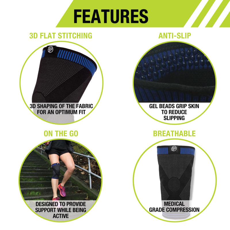 Pro-Tec Athletics 3D Flat Knee Support, Advanced Flat Knit Technology for Custom Fit, Breathable Multi-Directional Stretch Fabric, Non-Slip Gel for Enhanced Stability, Full Motion, Medium, Blue/Black Blue, Black