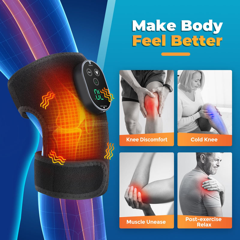 Cordless Heated Knee Massager with Vibration, FSA Eligible HSA, Heated Knee Brace Wrap Heating Shoulder Brace Support Wrap for Knee Elbow, Heating Pad with 6 Heating Levels, 3 Massage Modes&Timer Black
