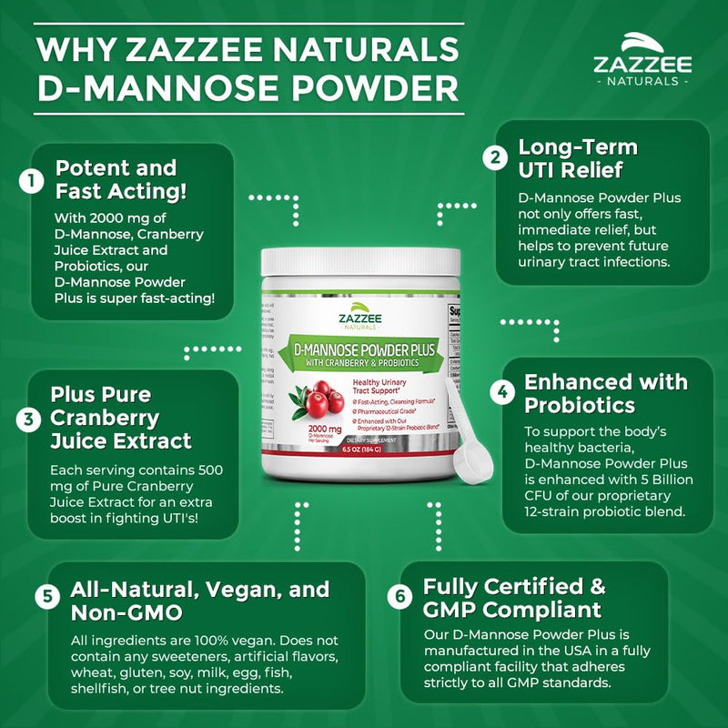 [Australia] - Zazzee D-Mannose Powder Plus, 2000 mg, 67 Servings, Potent & Fast-Acting, Plus 5 Billion CFU Probiotics and Pure Cranberry Juice Extract, Free Scoop, 6.5 Oz, Vegan, Gluten-Free, Non-GMO, All-Natural 