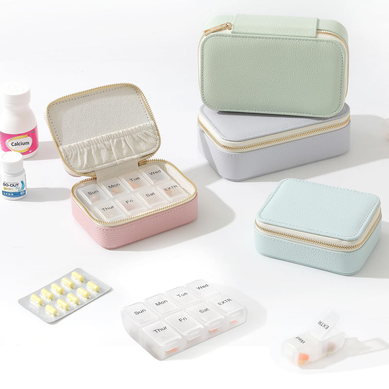 Genuine Leather Travel Pill Organizer Box Case 1 Times a Day for Purse for Women, Cute Medicine Pill Holder Containers for Vitamin Small Weekly Daily 7 Day Am Pm Pill Organizer(Beige) Nappa Leather Beige