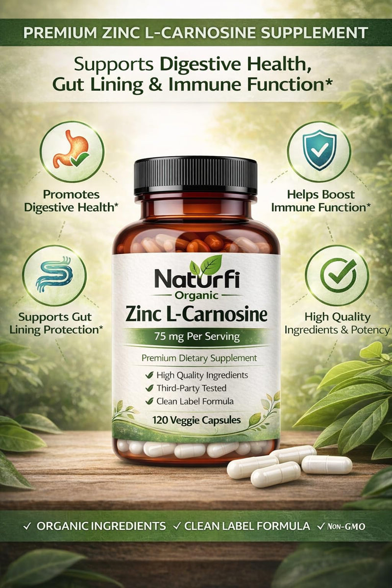 Naturfi Organic Zinc L-Carnosine Supplement 75mg Per Serving – High Potency Zinc Carnosine Capsules – Premium Quality Daily Zinc Complex – Easy to Swallow (120 Capsules (Pack of 1)) 120 Capsules (Pack of 1)