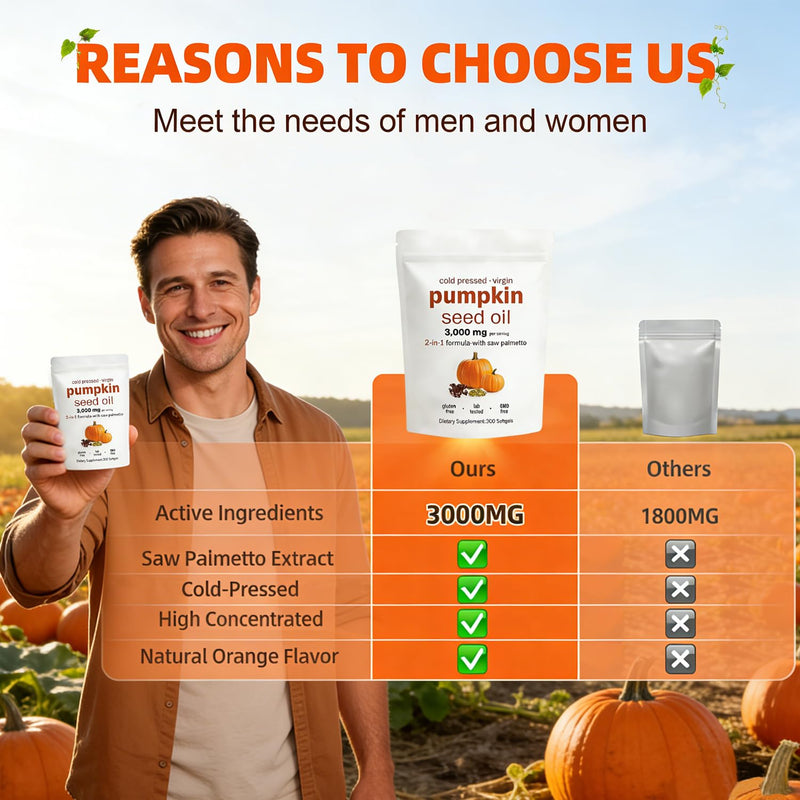 Pumpkin Seed Oil Capsules 300 Softgels, Pumpkin and SeedOil 2 in 1 for Hair Growth,Cold Pressed, Pure Virgin Oil,Good for hair health,Non-GMO,PumpkinSeed Herbal Supplement