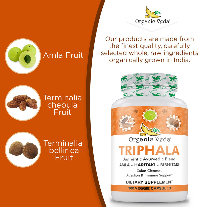 [Australia] - Organic Veda Triphala Powder 300 Capsules, 1000mg - Organic Triphala Supplement for Colon Cleanse, Immune, Gut & Digestion Health - Whole Green Antioxidants Amla, Haritaki & Bibhitaki - Vegan Pills 