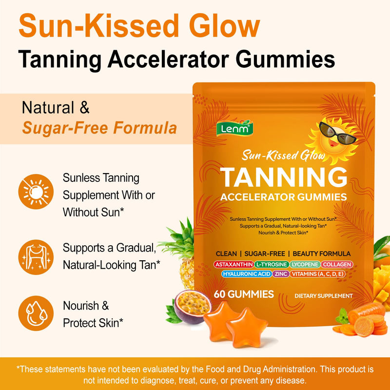 Tanning Gummies with Astaxanthin for Women and Men,Sunless Tanning Supplement with Beta-Carotene + Lycopene +Collagen, Natural Sun-Kissed Glow Supplement, Vegan, Non-GMO, 60 Count