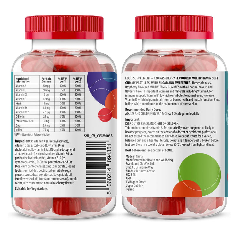Multivitamin Gummies 120 | 4 Months Supply| One a Day | Raspberry Flavour Gummies for Adults with 11 Vitamins and Minerals| The Highest Strenght Supplement| Vitamins A, B, C, D E 120 count (Pack of 1)