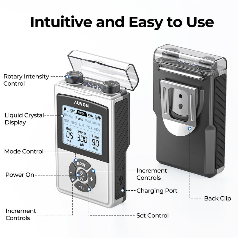 AUVON Rechargeable Digital TENS Unit Muscle Stimulator with 600 mAh Battery | TENS Machine with 40 Levels for Gradual Shoulder, Back, Muscle Pain Relief, 8 Customizable Modes, 6 TENS Pads, A Carry Case A Silver